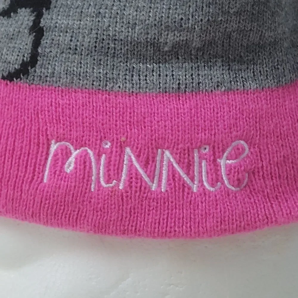 Disney Minnie Mouse Knit Beanie Hat Barbie Pink Grey Stripe Bling on Bow OSFM